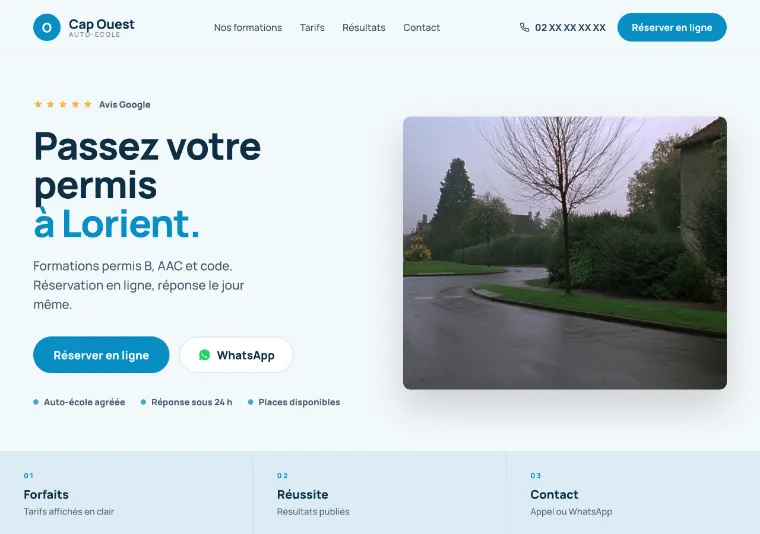 Page d'accueil du site de démonstration Auto-école Cap Ouest, à Lorient