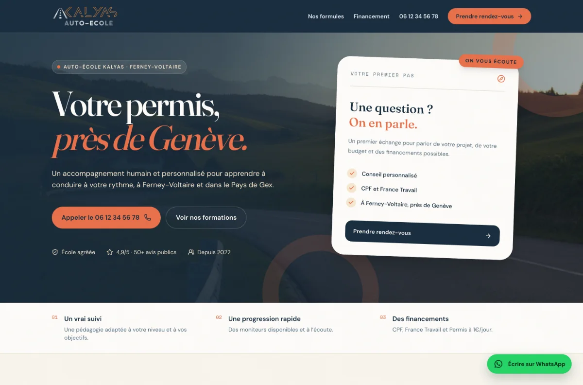 Page d'accueil du site de l'auto-école Kalyas, à Ferney-Voltaire