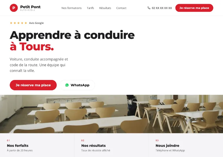 Page d'accueil du site de démonstration Auto-école Petit Pont, à Tours