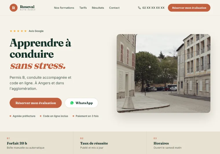 Page d'accueil du site de démonstration Auto-école Roseval, à Angers