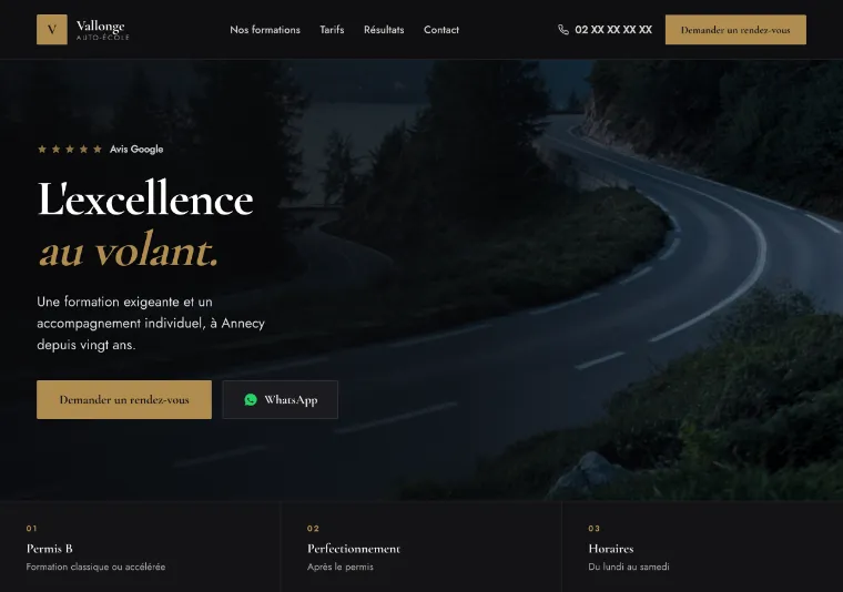 Page d'accueil du site de démonstration Auto-école Vallonge, à Annecy