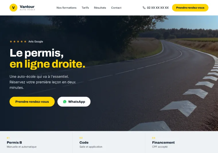 Page d'accueil du site de démonstration Auto-école Vantour, à Chambéry