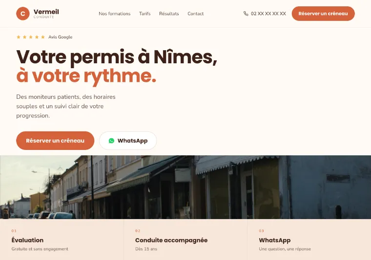 Page d'accueil du site de démonstration Conduite Vermeil, à Nîmes